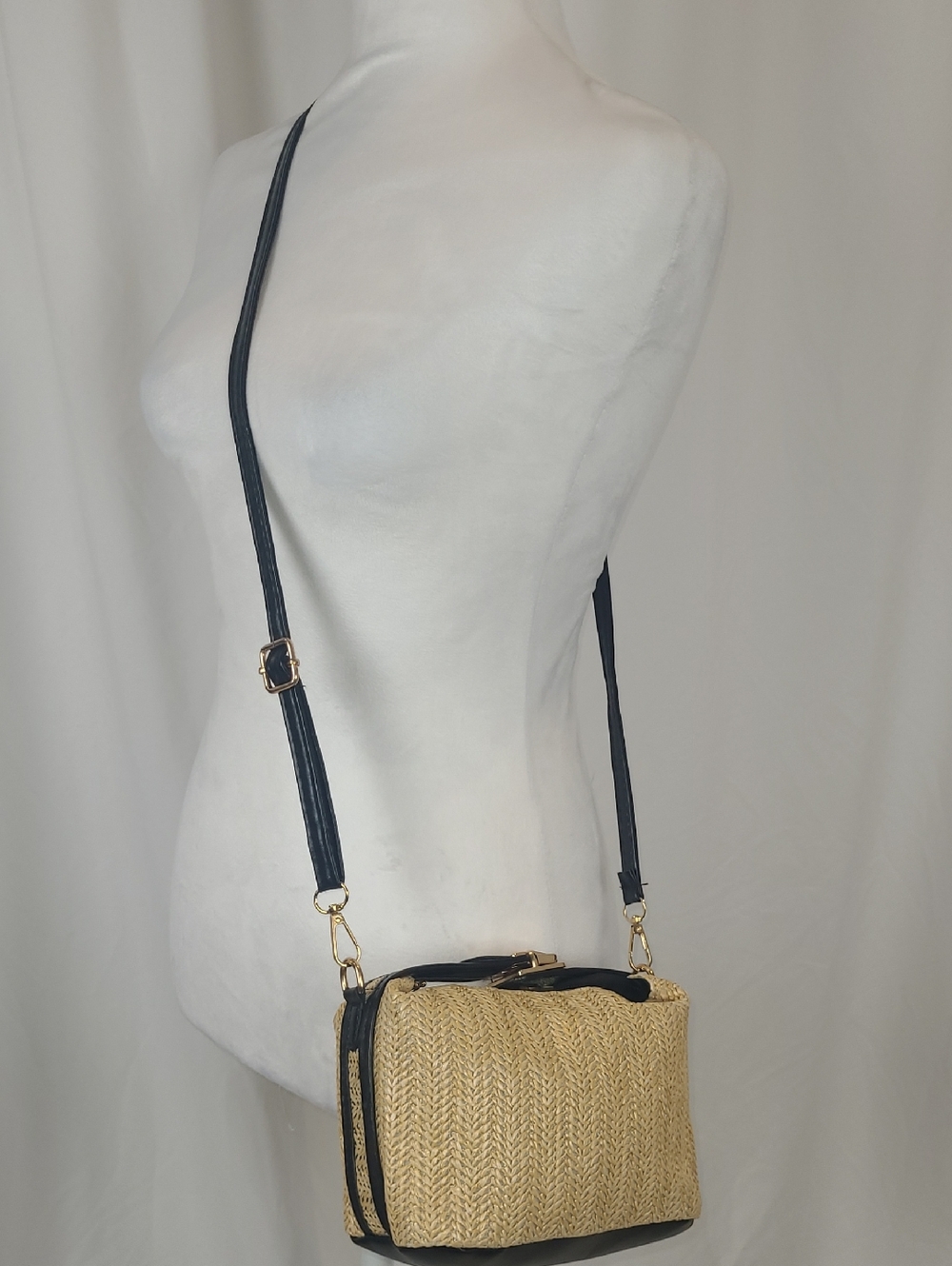 Straw Crossbody Bag with Black Trim - Natural NWOT